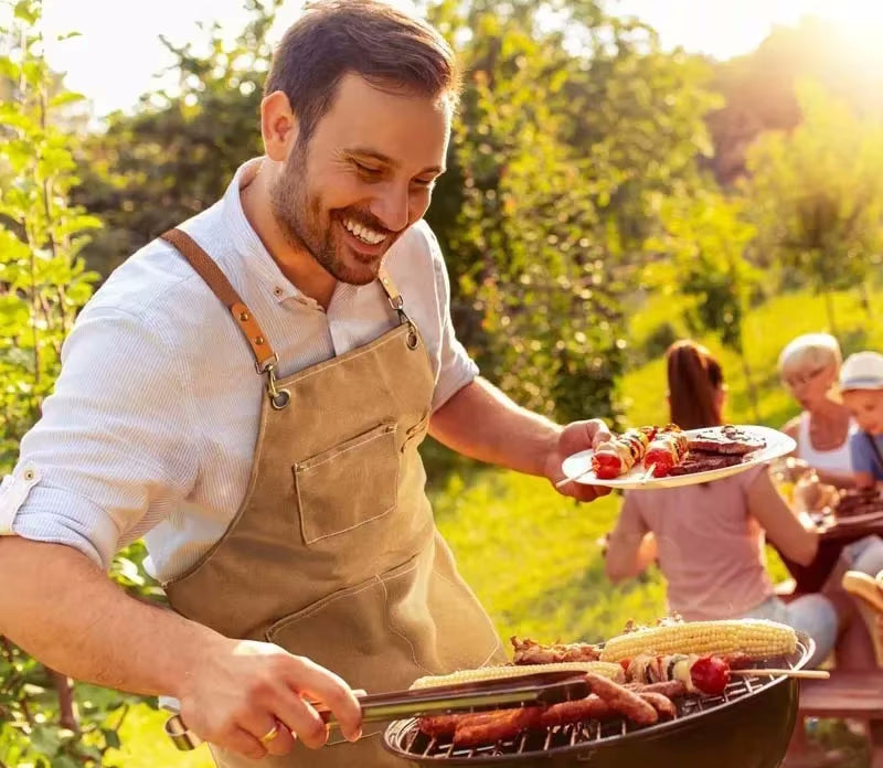 BBQ Cookout Apron Man Grilling Food On Barbecue Wearing Canvas Apron