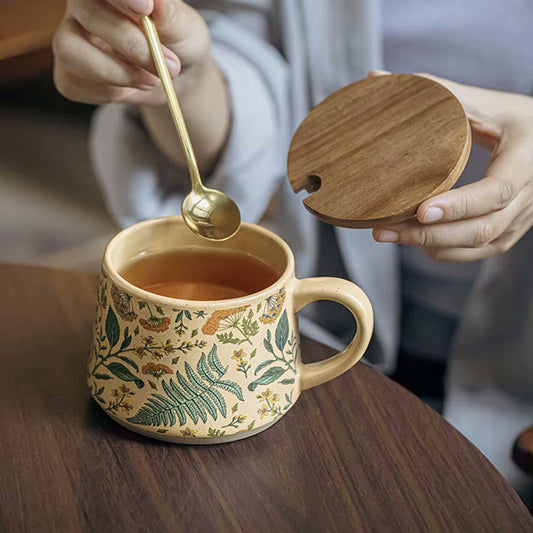Enchanting Botanicals Mug With Wood Lid And Spoon Botanical Flowers Fern Pattern Cup