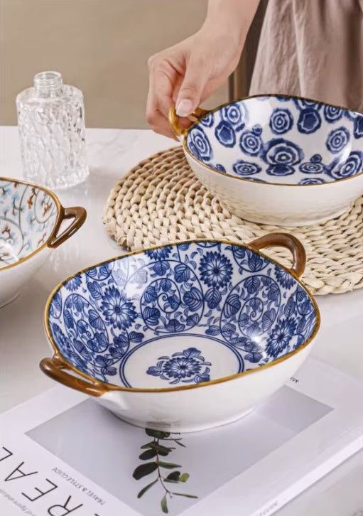 Blue Floral Swirl Pattern Ao Oriental Style Farmhouse Bowls With Handles Ceramic Tableware