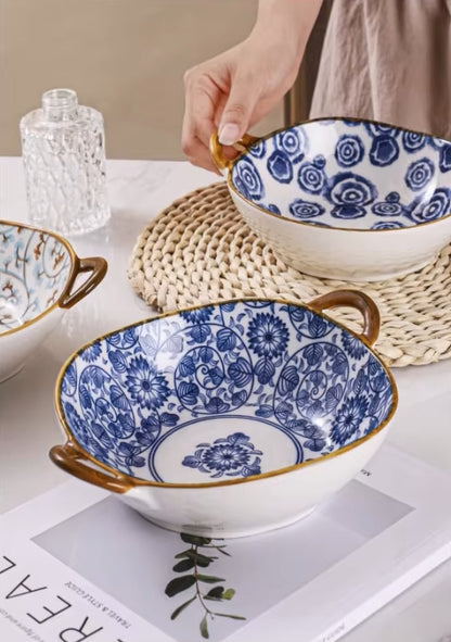 Blue Floral Swirl Pattern Ao Oriental Style Farmhouse Bowls With Handles Ceramic Tableware