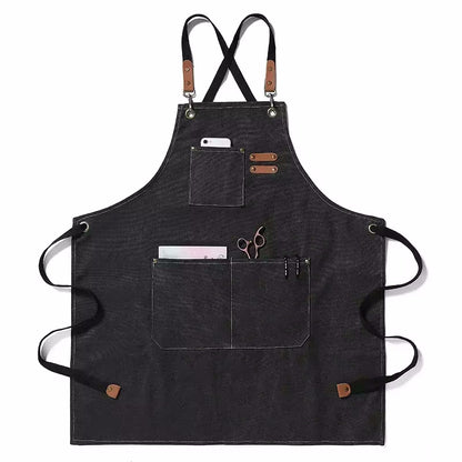 Charcoal Black Color Cookout Style Cotton Canvas Kitchen Apron With Pockets And Adjustable Tie Strings