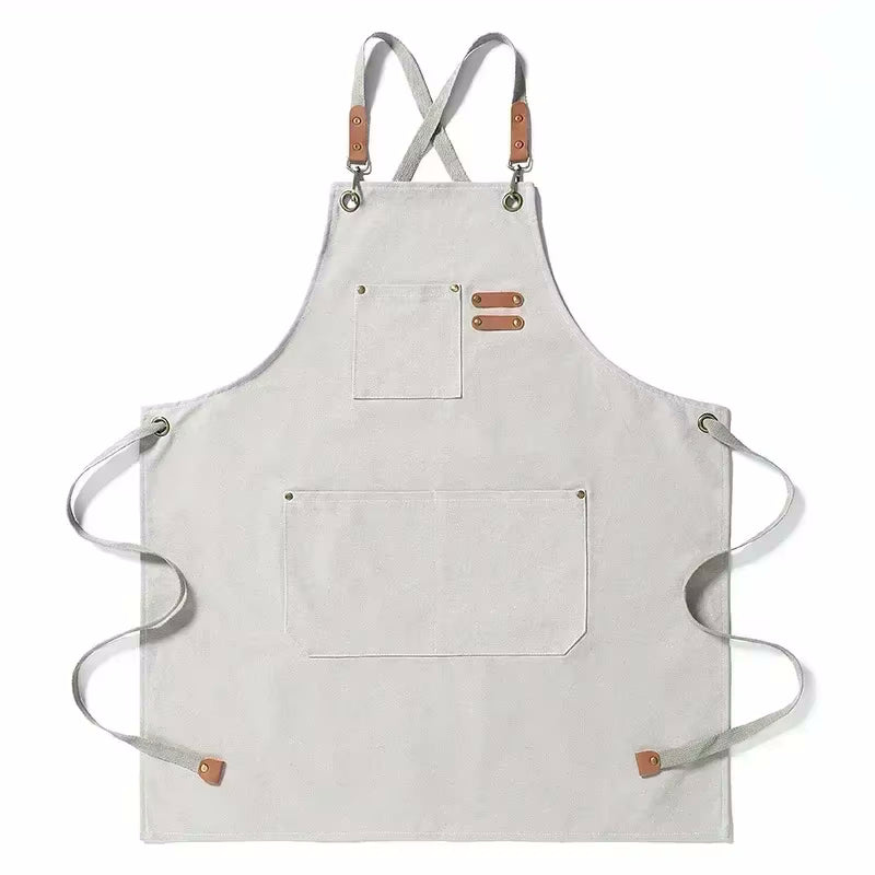 Milk White Color Cookout Style Cotton Canvas Kitchen Apron With Pockets And Adjustable Tie Strings
