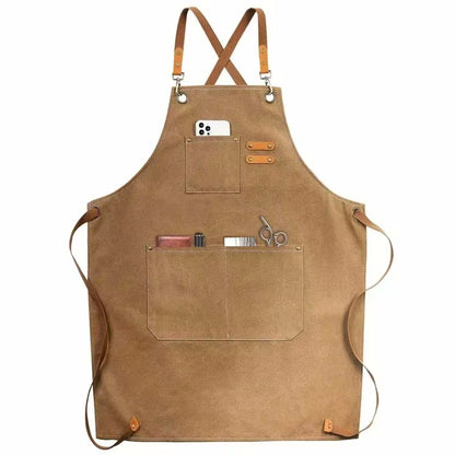 Toasted Almond Color Cookout Style Cotton Canvas Kitchen Apron With Pockets And Adjustable Tie Strings