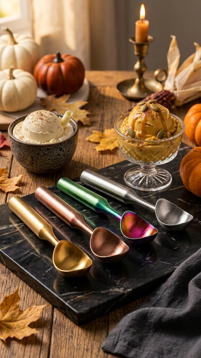 Autumn Vibes Pumpkin And Eggnog Ice Cream With Fall Decor And Ice Cream Scoop Utensils