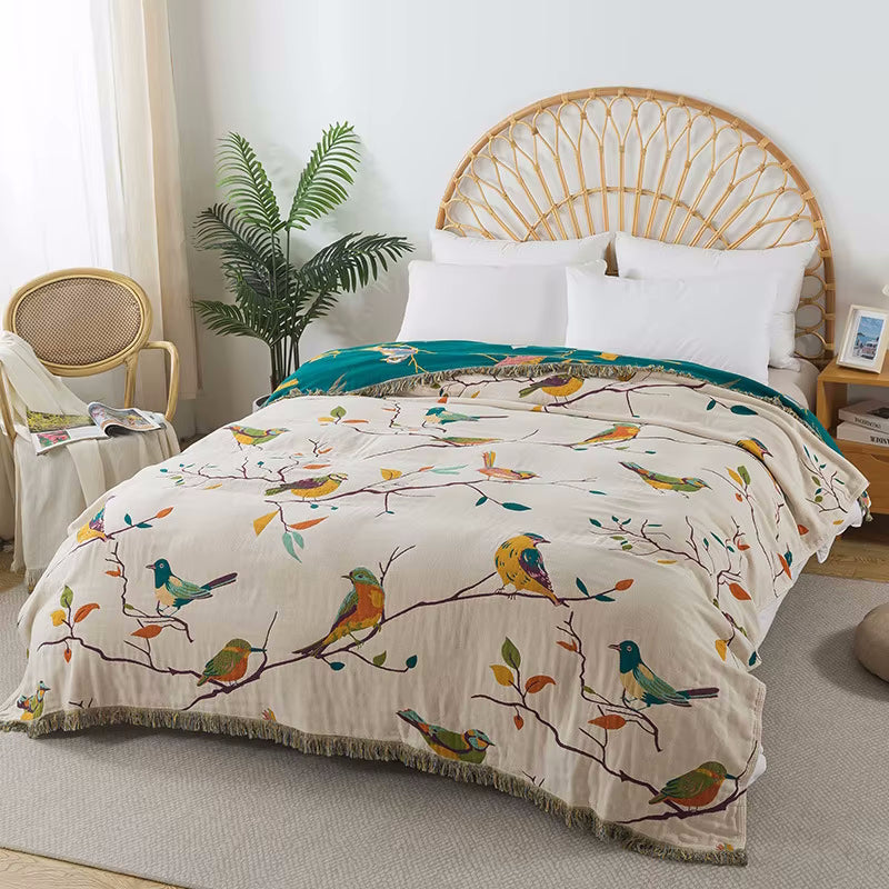 Bedroom With Beautiful Bird Pattern Blanket Reversible Bedding