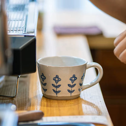 Blue Flowers Ceramic Mug Craft Style Pottery Cup Cafe Decor