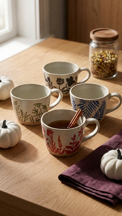 Cozy Drink Season Hot Tea Cups With Floral Garden Impressions Mugs Flower Plant Patterns
