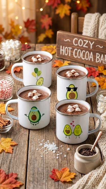 Cozy Hot Cocoa Bar Stainless Steel Camp Cups Cute Avocado Character Mugs For Hot Chocolate Drinks