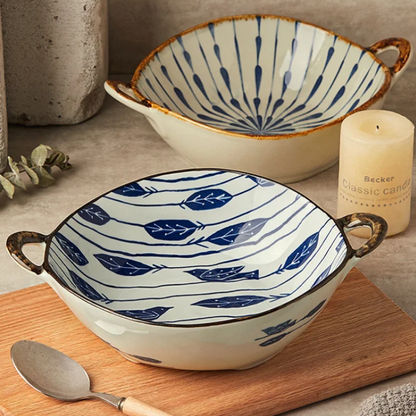 New Farmhouse Style Bowl With Handles Bird Branch Blue And White Ceramic Bowl With Blue Rain Pattern On Kitchen Counter