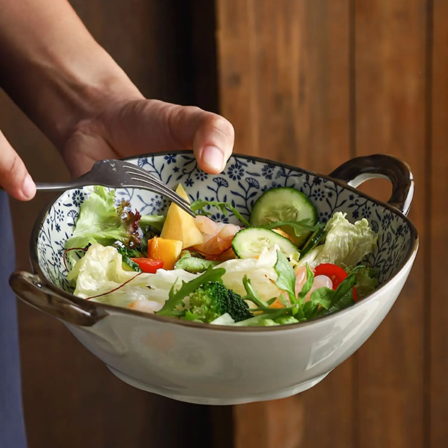 Fresh Salad Bowl In Blue And White Floral Ceramic Dish With Handles Dainty Wildflowers Pattern