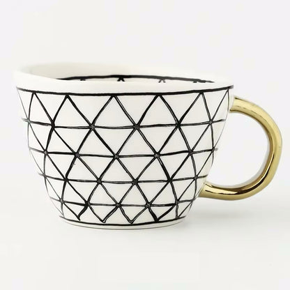 Hexablack Artistic Style Patterned Irregular Shaped Ceramic Mug With Gold Handle