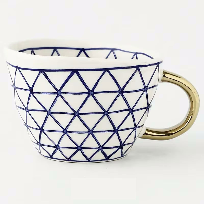 Hexablue Artistic Style Patterned Irregular Shaped Ceramic Mug With Gold Handle