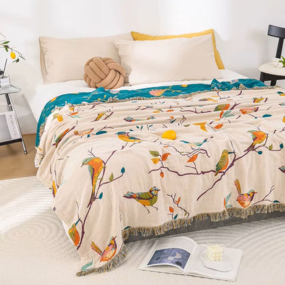 Modern Bedroom Decor With Colorful Bird Bedspread Reversible Cotton Blanket