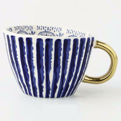 Plantation Artistic Style Patterned Irregular Shaped Ceramic Mug With Gold Handle