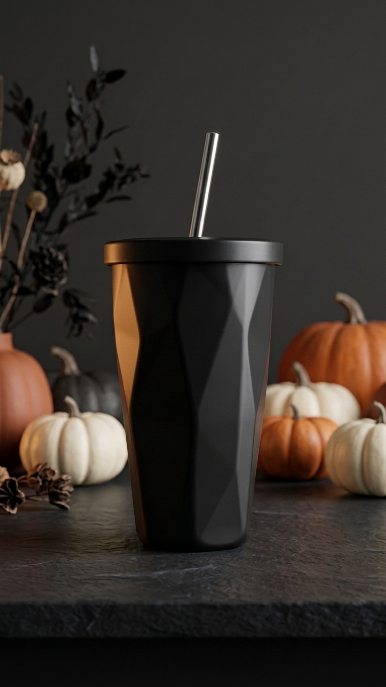 Pumpkins With Moody Black Tumbler Cup Prismatic Drinkware For Autumn And Fall Seasonal Drinks Gothic Decor Vibes