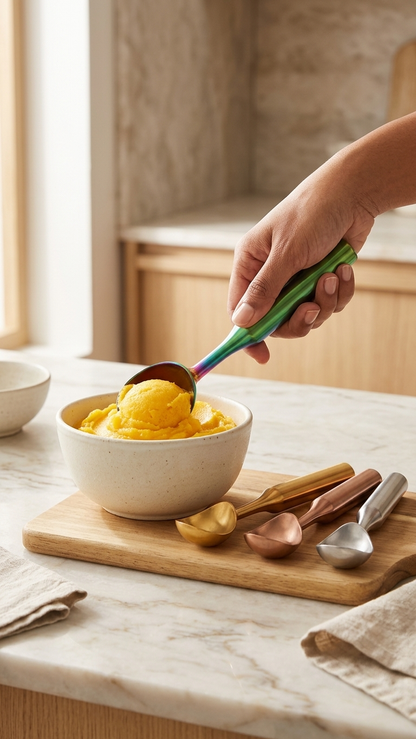 Scooping Mango Sorbet With Stainless Steel Colorful Ice Cream Scoops
