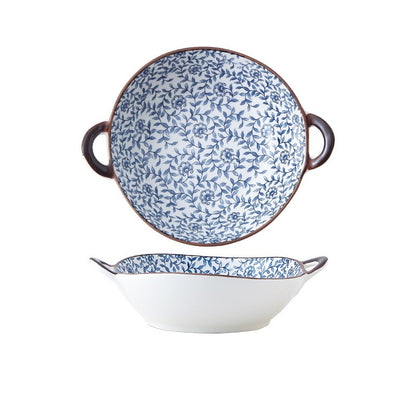 Farmhouse Mediterranean Style Secret Garden Irregular Shaped Ceramic Bowl With Handles