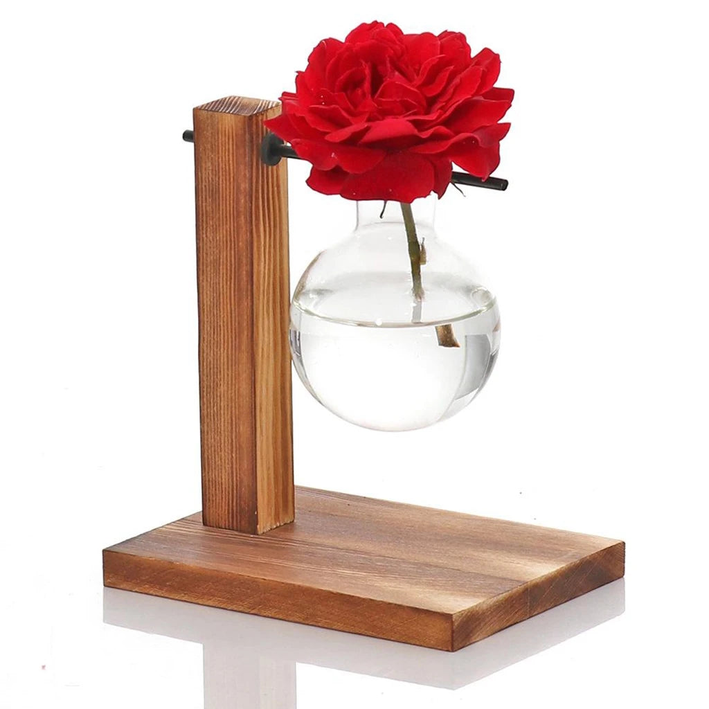 Glass And Wood Single Bud Vase With Red Rose Flower