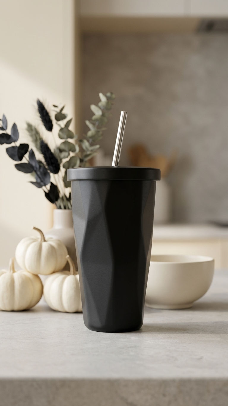 Sleek Modern Black Tumbler In Kitchen With Fall Decor Stainless Steel Drinkware With Prismatic Design