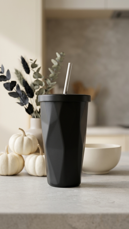 Sleek Modern Black Tumbler In Kitchen With Fall Decor Stainless Steel Drinkware With Prismatic Design