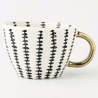 Stitching Artistic Style Patterned Irregular Shaped Ceramic Mug With Gold Handle