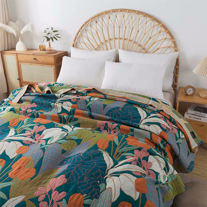 Tropical Twilight Reversible Blanket Cotton Coverlet Quilt With Plants And Flowers