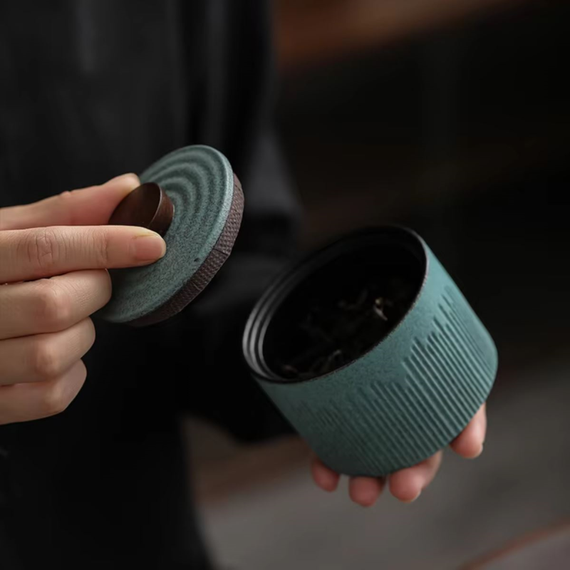 Tea Lovers Gift Idea Beautiful Tea Caddy Loose Leaf Tea Storage Jar Tahoe Style Ceramic Pottery Container With Lid That Has Fabric Liner