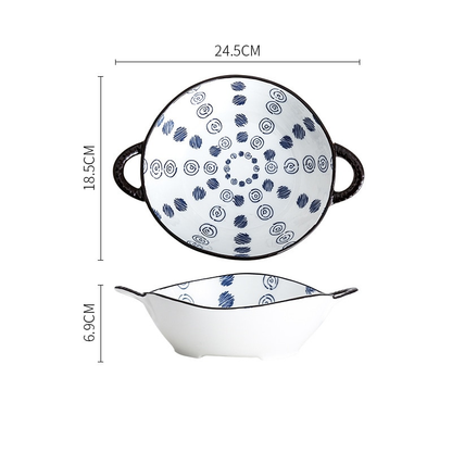 Transatlantic Style Blue And White New England Dish Irregular Shape Farmhouse Bowl With Handles In Campfire Circle Print