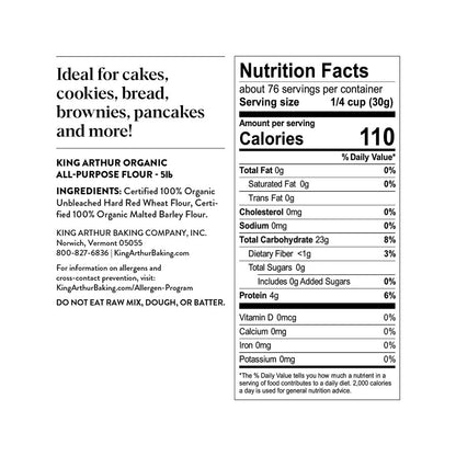 Unbleached King Arthur Organic All-Purpose Flour 5 Pound Nutrition Facts Ingredients