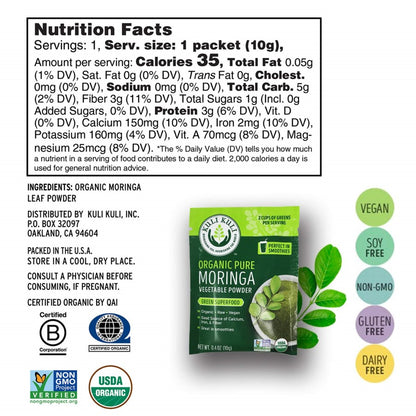 Kuli Kuli Single Serving Size Packet Organic Moringa Vegetable Powder Single Ingredient Nutrition Facts