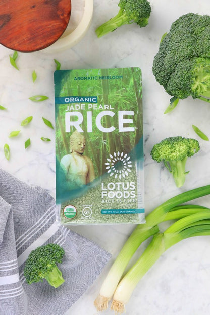 Aromatic Heirloom Organic Jade Pearl Rice Lotus Foods With Fresh Green Vegetables