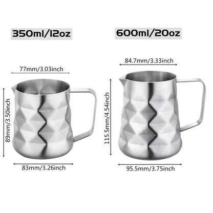 Stainless Steel Prism Design Frothing Pitcher Measurements Available In 12oz And 20oz Sizes