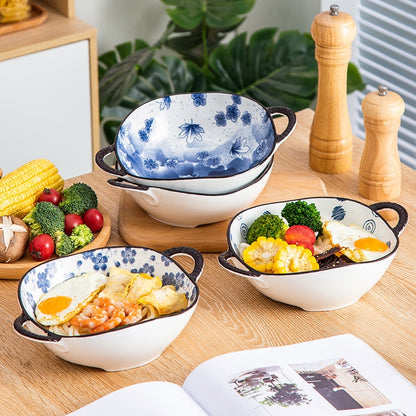 Serving Dinner In New England Style Farmhouse Bowls Irregular Shape Blue And White Dishes With Handles