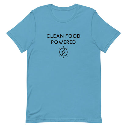 Front Of Clean Food Powered Short Sleeve T-Shirt From Terra Powders In Ocean Blue Color
