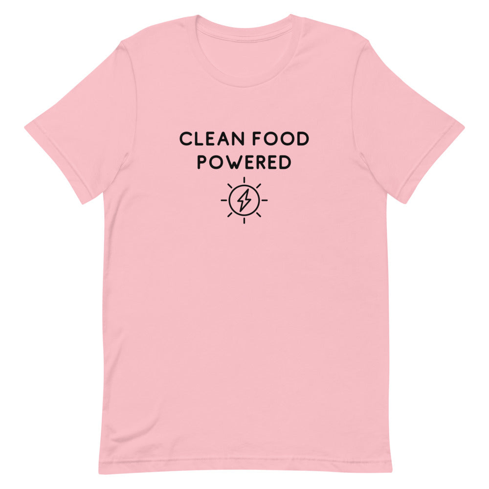 Front Of Clean Food Powered Short Sleeve T-Shirt From Terra Powders In Pink Color